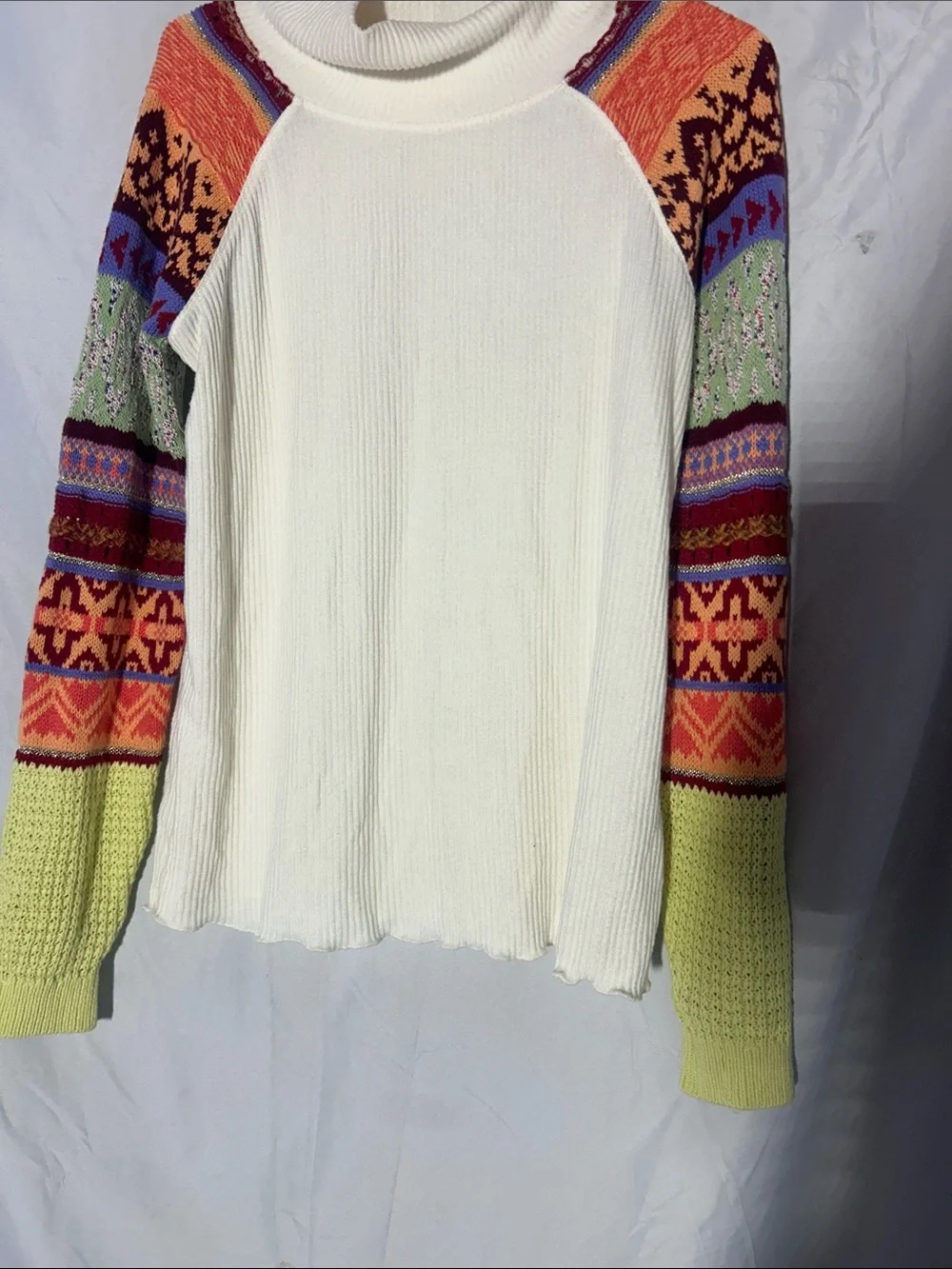 Free People Cream Turtleneck with Multicolor Fair Isle Sleeves